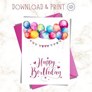 Cartão de feliz aniversário para impressão / Cartão de aniversário para impressão / Cartão para download digital instantâneo / Cartão de balões de aniversário para download / Cartão de aniversário