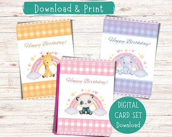 Printable Happy Birthday Cards, Kids, Animals (Digital Download)
