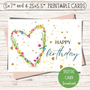 Happy Birthday Printable Cards / Printable Birthday Cards / Digital Download PDF Bday Card / Flower Heart Happy Birthday Card Printable PDF