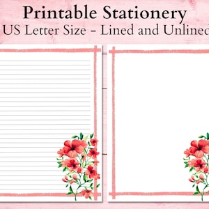 Red Flower Printable Stationery, Lined Printable Paper, Blank Paper, Floral Stationary, Letter Paper, Digital Writing Paper, Journaling
