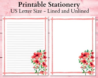 Red Flower Printable Stationery, Lined Printable Paper, Blank Paper, Floral Stationary, Letter Paper, Digital Writing Paper, Journaling