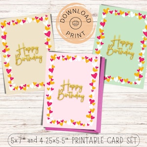 Printable Birthday Card Set, Printable Cards, Digital Download Cards PDF, Happy Birthday Hearts Card Set, Colorful Birthday Card Set Digital
