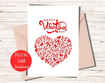 Happy Valentine's Day Printable Card, Happy Valentine's Day Digital Download, Valentine's Day Heart Card, Butterfly Heart Card Printable