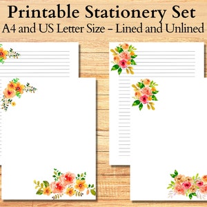 Conjunto de papelería imprimible de ramo de flores, papel imprimible rayado, papel en blanco, conjunto estacionario floral, papel de carta, papel de escritura digital