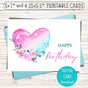Floral Heart Happy Birthday Card Printable (PDF)