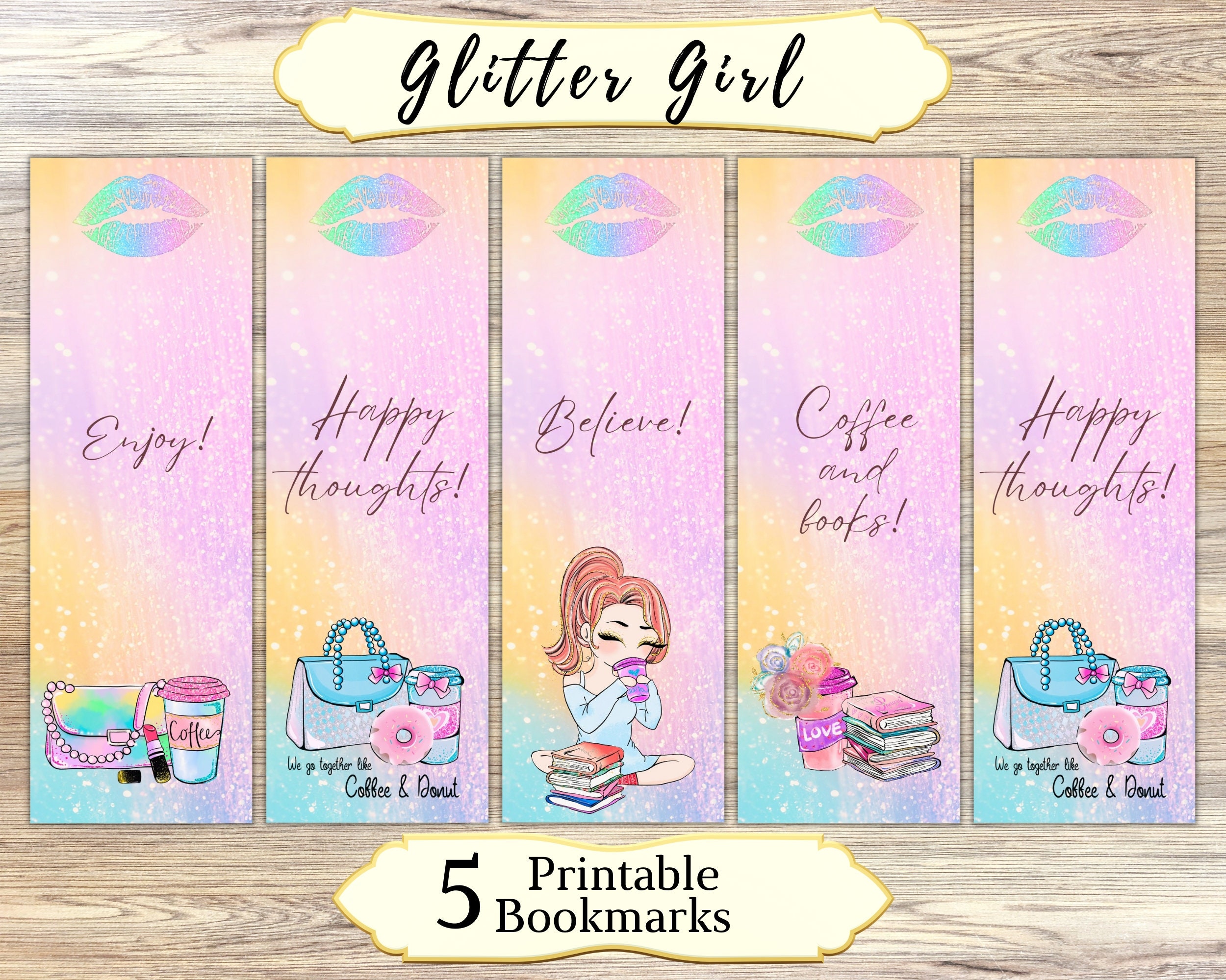 Glitter Girl Printable Bookmarks, Bookmark Set, Coffee Girl With Books Printable Bookmarks ...
