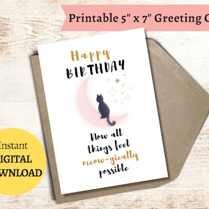 Carte d'anniversaire chat sur la lune, carte d'anniversaire imprimable, téléchargement numérique, carte de joyeux anniversaire 5 x 7, chat sur la lune, carte d'anniversaire, imprimable