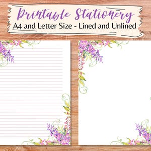 May include: Printable stationery set featuring lined and unlined A4 and Letter Size paper. The white paper is adorned with watercolor floral designs in shades of purple, green, and pink. The text "Printable Stationery" is at the top.