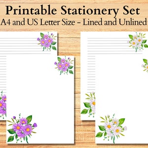 Juego de papelería imprimible Aster Bouquet, papel imprimible rayado, papel en blanco, juego estacionario floral, papel de carta, papel de escritura digital