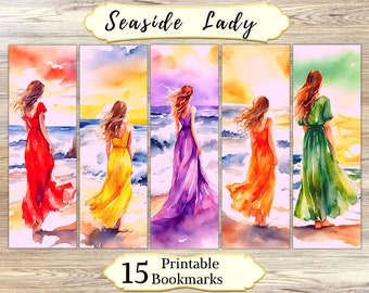 Seaside Sunset Lady Bookmarks: Watercolor Art, Printable Bookmark Set (Digital Download)