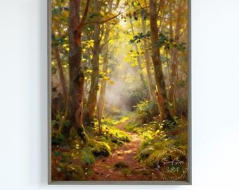 Sunlit Forest Path Art Print Home Decor: Instant Digital Download