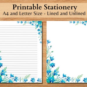 Floral gefüttert Papier, Floral blank Papier, druckbare blaue Blumen Briefpapier, Journal Papier, digitaler Download Schreibpapier, Scrapbook, Penpal