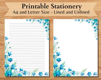 Floral Lined Paper, Floral Blank Paper, Printable Blue Flowers Stationery, Journal Paper, Digital Download Writing Paper, Scrapbook, Penpal
