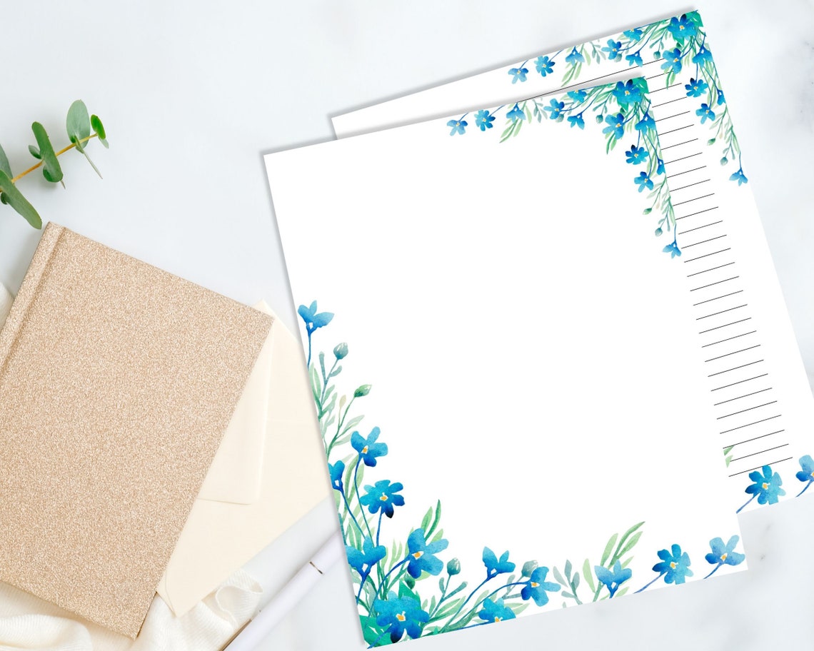 Floral Lined Paper, Floral Blank Paper, Printable Blue Flowers ...