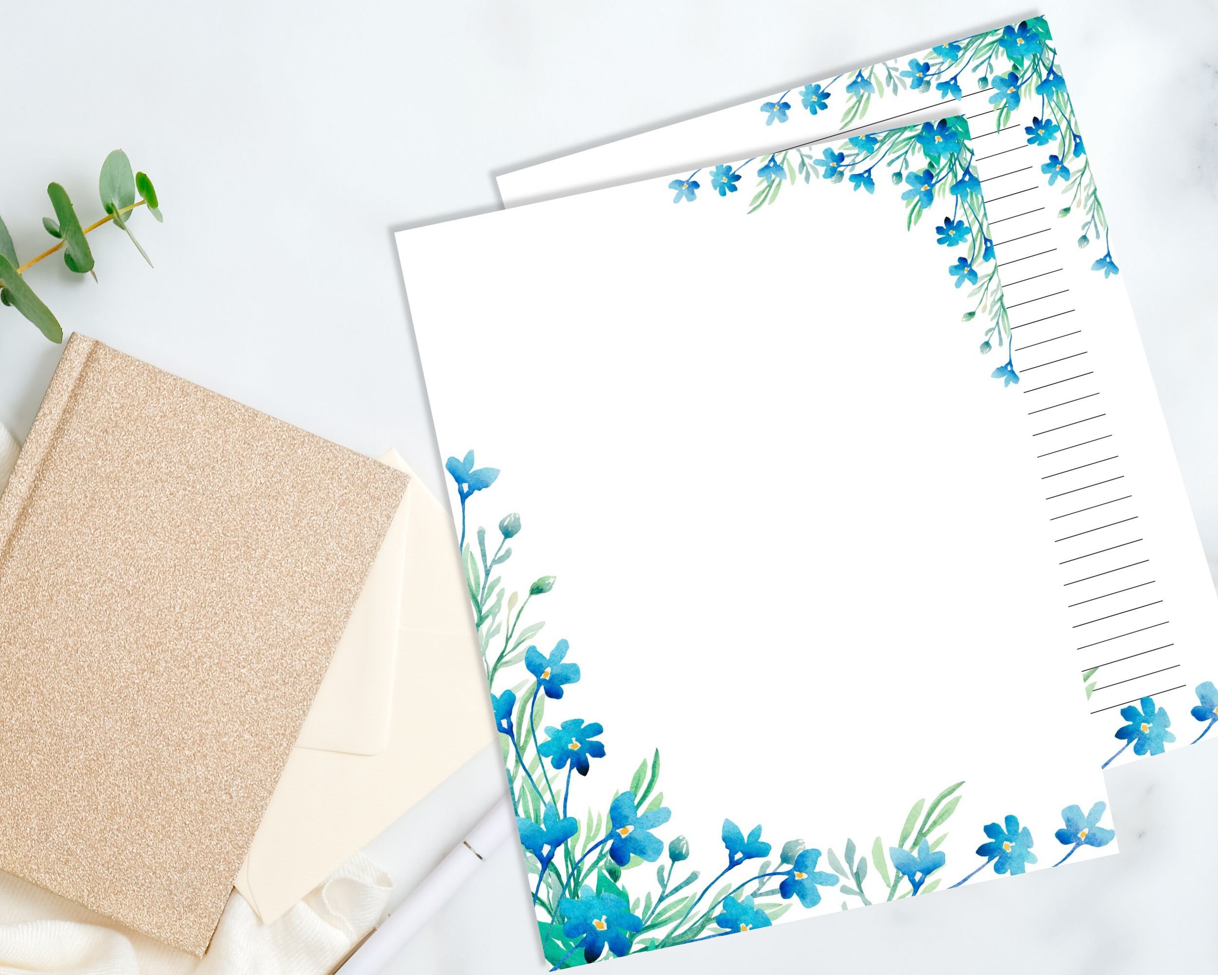 Floral Lined Paper, Floral Blank Paper, Printable Blue Flowers ...
