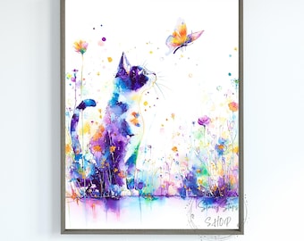 Watercolor Cat And Butterfly Wall Art Print: Instant Digital Download