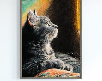 Grey Tabby Cat Pencil Wall Art Print: Instant Digital Download