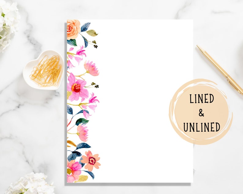 Floral Lined Paper, Floral Blank Paper, Printable Pink Flowers ...