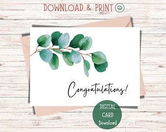 Printable Congratulations Card, Congratulations Card Printable, Green Leaves Congratulations Card Download, 5'x7" Card Digital Download