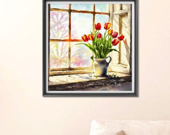 Tulip Vase Pot On The Window Sill: Instant Download