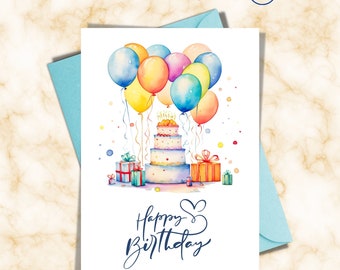 Printable Birthday Card: Cake & Balloons (Digital Download)