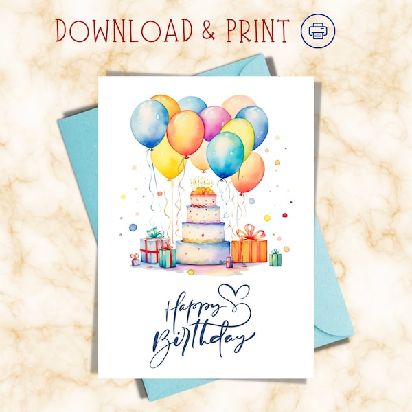 Happy Birthday Printable Card / Printable Birthday Card / Instant Digital Download / Birthday Cake Card Download / Birthday Balloons Card