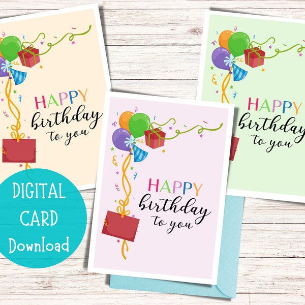 Printable Birthday Card Set, Printable Cards, Instant Digital Download Card, Balloons Birthday Card Set, Happy Birthday Card, Digital Cards