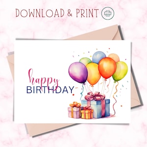 Afdrukbare Happy Birthday Card/afdrukbare verjaardagskaart/Instant Download PDF/digitale verjaardagsballonnen kaart/Happy Birthday Gifts Card