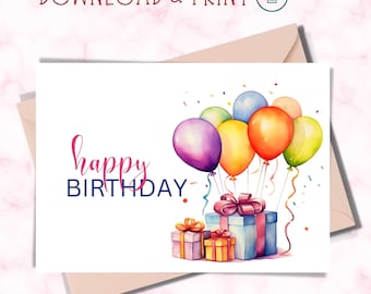Printable Birthday Card: Balloons & Gifts (PDF Download)