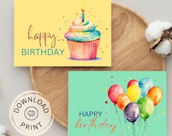 Printable Birthday Card Set: Cupcake & Balloons (PDF Download)