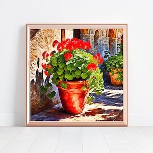 May include: A terracotta pot filled with red geraniums sits on a stone patio. The pot is surrounded by green foliage and the background is a stone wall with arches.