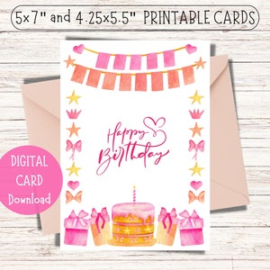 Pink Watercolor Birthday Cake Card (Printable PDF)