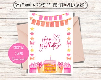 Pink Watercolor Birthday Cake Card (Printable PDF)