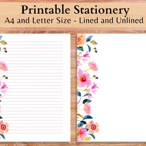 Floral Lined Paper, Floral Blank Paper, Printable Pink Flowers Stationery, Journal Paper, Digital Download Writing Paper, Scrapbook, Penpal