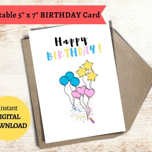 Birthday Card, Printable Balloon Card, Digital Download, 5x7 Happy Birthday Card, Colourful Balloons Happy Birthday Card,  Playful Balloons