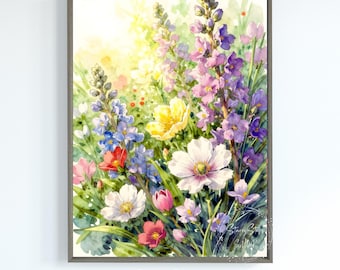 Colorful Field Flowers Closeup Wall Art Print: Instant Digital Download