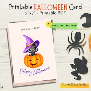 Happy Halloween Card PRINTABLE, Printable Halloween Cards, Halloween Card With Cat and Pumpkin, Trick Or Treat Card, Halloween Cat Card