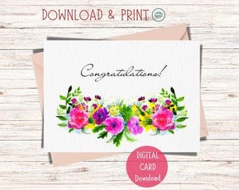 Printable Congratulations Card, Congratulations Card Printable, Flower Garland Congratulations Card Download, Congratulations Cards Download