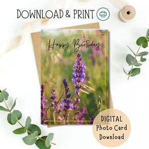 Gelukkige verjaardag afdrukbare natuurfotokaart, zomerweide afdrukbare verjaardagskaart, gelukkige verjaardag zomerweide fotokaart digitale download