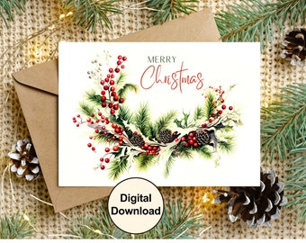 Buon Natale CARTA DIGITALE da scaricare, biglietto di Buon Natale stampabile con ghirlanda di vischio, biglietti di Natale, biglietto da 5"x 7" da scaricare in formato digitale