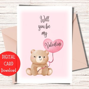 Carte imprimable Serez-vous ma Saint-Valentin, carte numérique de la Saint-Valentin, carte de Saint-Valentin ours mignon, téléchargement numérique, impression numérique de la Saint-Valentin
