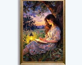 Young Woman At Sunset Writing In Her Diary Print: Home Decor Instant Digital Download