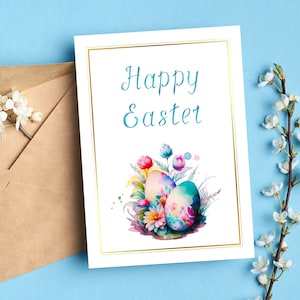 Printable Easter Eggs Card: Watercolor Floral Design (Digital Download)