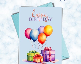 Printable Birthday Card: Balloons and Gifts (PDF Download)