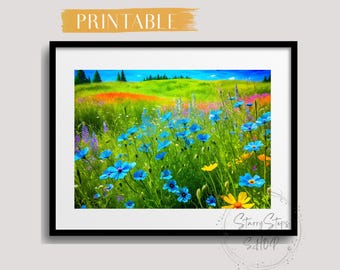 Blue Flower Field Landscape Art Print: Summer Nature Poster (Digital Download)
