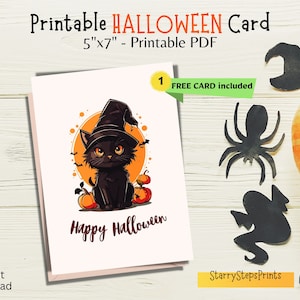 Halloween Card PRINTABLE, Printable Halloween Cards, Happy Halloween Card With Cat and Pumpkins, Halloween Card Digital, Halloween Cat Card