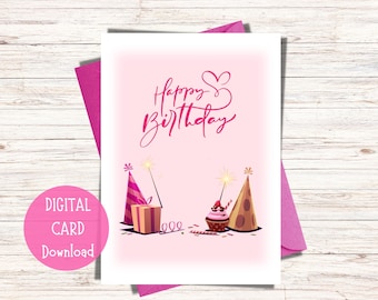 Printable Pink Birthday Card: Treats & Hearts (Digital Download)