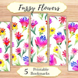 Fuzzy Flowers Printable Bookmarks, Fuzzy Flower Doodles Bookmark Set, Dreamy Flowers Bookmarks Digital Download, Print At Home Bookmarks