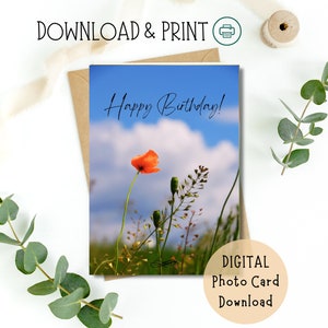 Gelukkige verjaardag afdrukbare fotokaart, afdrukbare klaprooskaart, natuurfotokaart downloaden, gelukkige verjaardag zomerweide fotokaart downloaden
