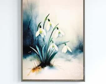 Painterly Tempera Snowdrops In The Forest: Instant Download